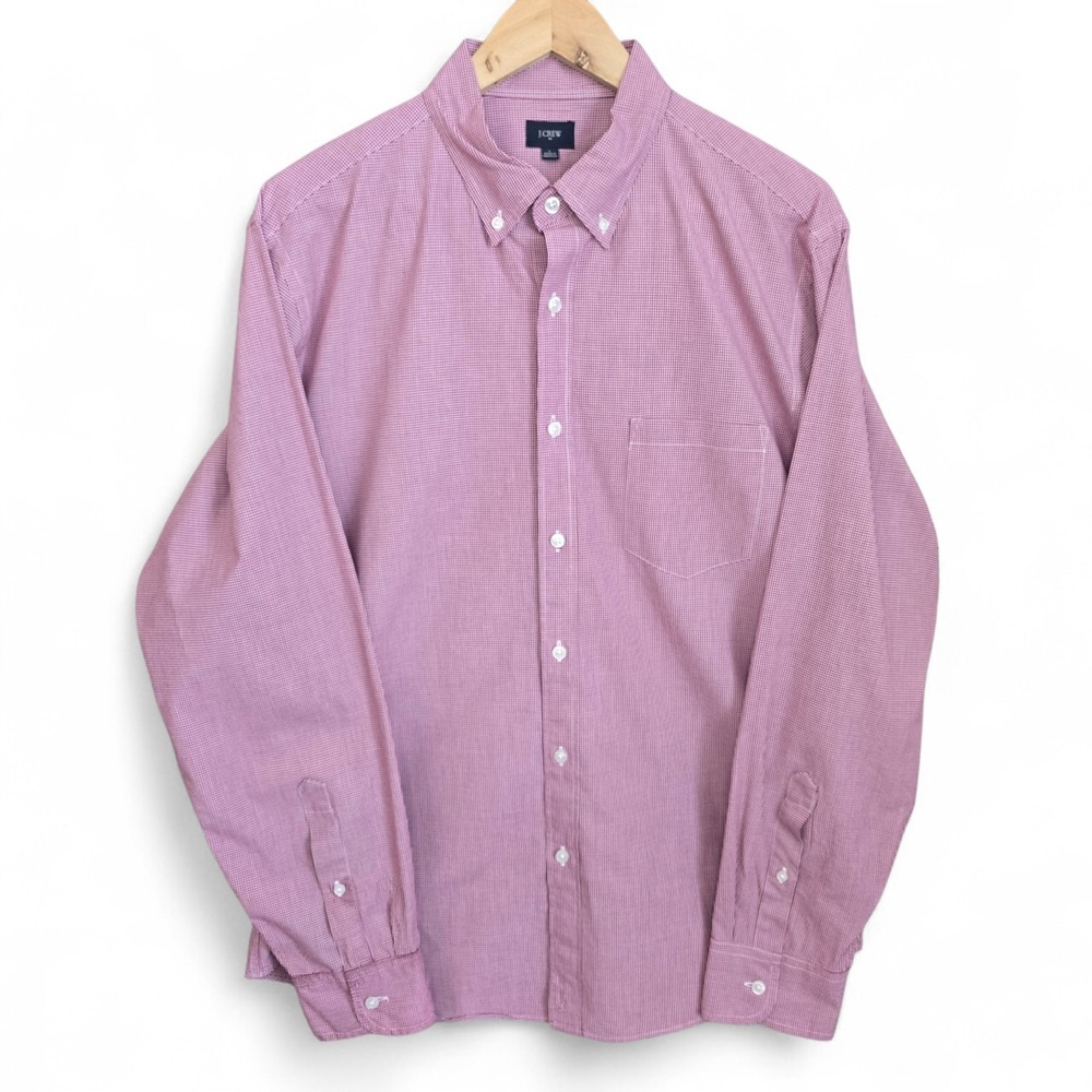 J Crew Shirt‎ Mens Large Pink Gingham Button Down Classic Fit Long Sleeve Cotton